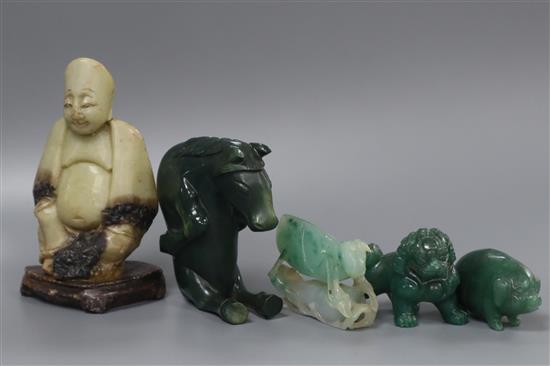 A Chinese jadeite figure of a cricket, early 20th century, 5.5cm, together with three aventurine quartz figures 4.5cm - 10cm